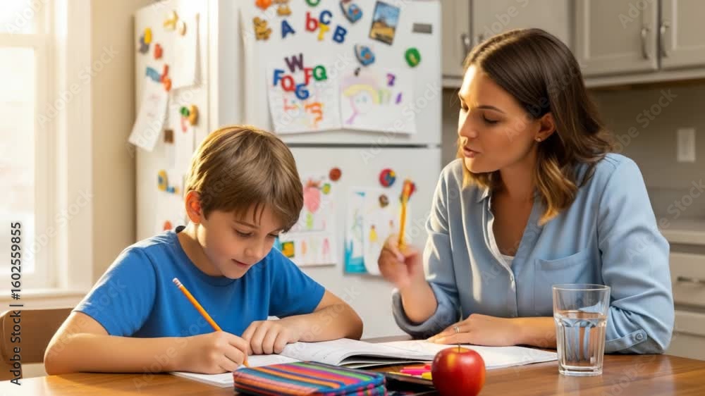 During daytime, mom assists son with schoolwork in kitchen. They sit at the table and work with pencils and notebooks. Apple and glass of water are also present During daytime, mom assists son with schoolwork in kitchen. They sit at the table and work with pencils and notebooks. Apple and glass of water are also present