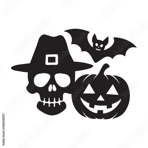 A black silhouette of a skull wearing a hat, a flying bat, and a smiling jack lantern with a triangle nose against a white background.