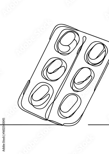 Minimalist line art of medicine blister pack with curved capsules