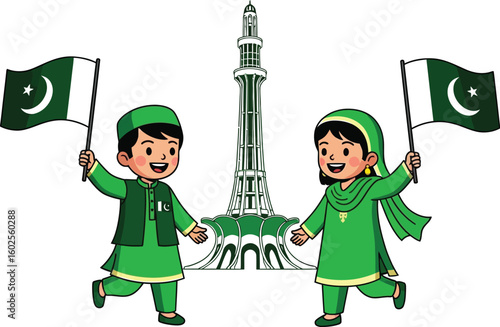 Celebrate pakistan independence day with kids holding pakistan flags vector