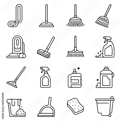 A comprehensive set of cleaning icons, featuring essential tools like vacuums, mops, brooms, and spray bottles for a spotless home Minimalist