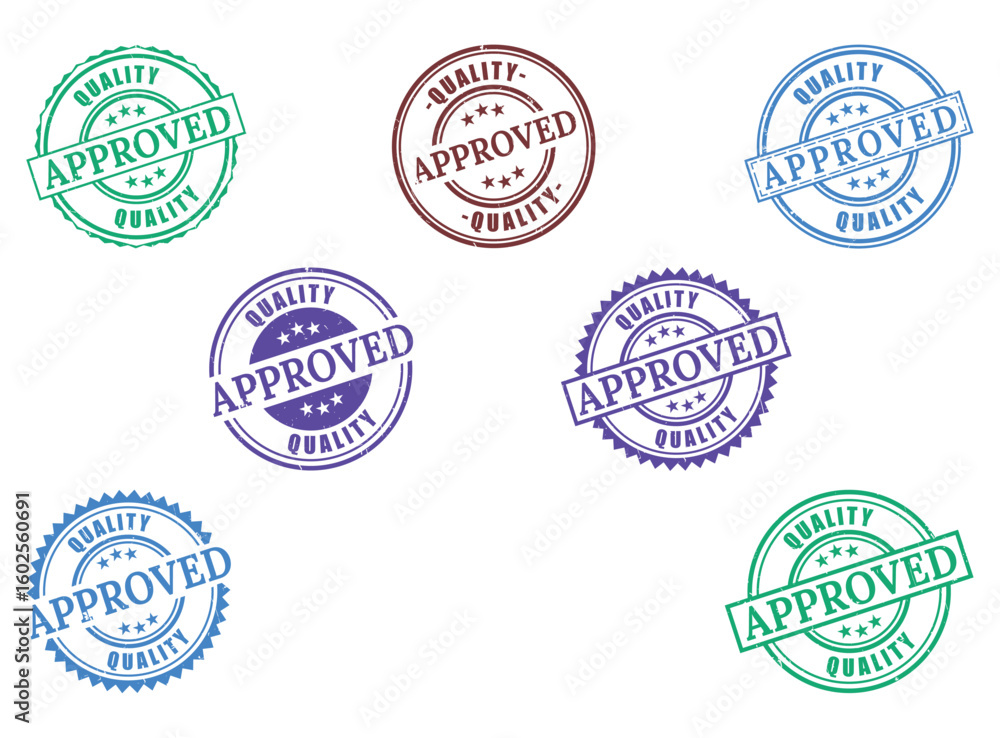 Fototapeta premium Quality Approved Rubber Stamp Collection, Certified Product Seal Vector Set