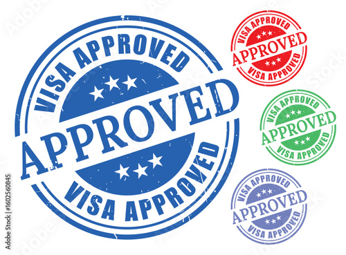 Visa Approved Stamp Vector Set, Grunge Style Immigration Label Pack  