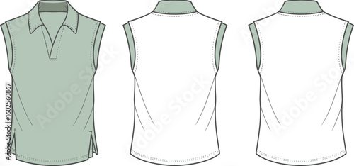 Sleeveless polo shirt CAD drawing template, front back view, fashion flat sketch, apparel vector mockup, technical garment illustration