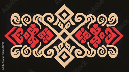 Stylized Ainu Heritage: A Striking Embroidery Pattern with Bold Red, Beige, and Black Elements
