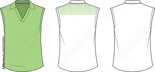Sleeveless shirt technical sketch, front and back views, CAD drawing, vector illustration, fashion design template, collared shirt apparel graphic