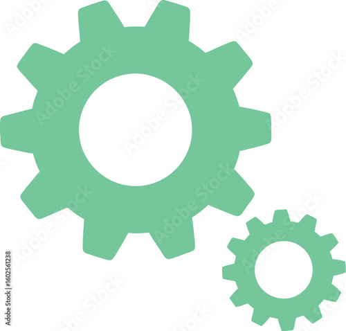 Two green gears of different sizes on a white background in the right side corner