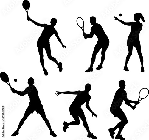 Tennis Player Silhouettes in Action"