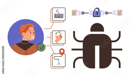 Human profile, bug, and secure system elements highlight cybersecurity, bug fixing, and user process reliability. Ideal for technology, privacy, data security, risk management software development