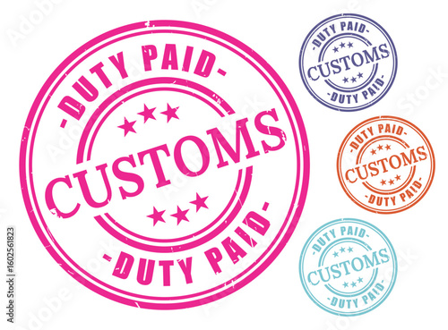 Customs Duty Paid Badge Collection, Grunge Rubber International Shipping Stamp Set  