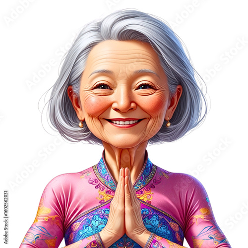 Elderly woman smiling warmly with hands in a prayer position, wearing a colorful traditional outfit