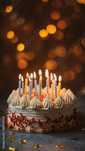 Festive Birthday Cake with Lit Candles and Bokeh Background