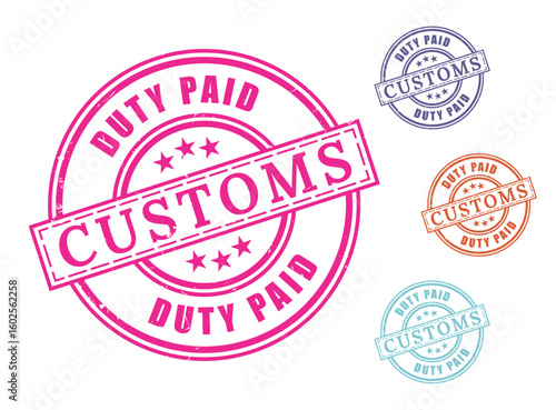 Customs Duty Paid Certified Stamp Collection, Grunge Rubber Import Declaration Seal Set  
