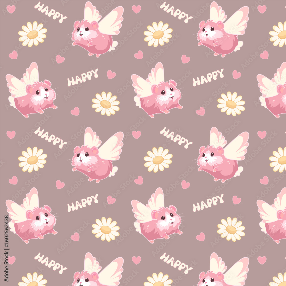 Fototapeta premium Cute flying guinea pigs pattern with hearts and daisies