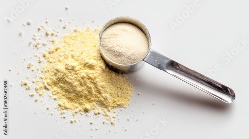 A scoop of yellow powder on a white surface, ideal for cooking or baking needs. Versatile ingredient for recipes.