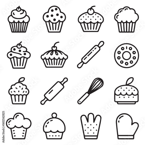 An assortment of baking icons featuring cupcakes, a rolling pin, whisk, and oven mitts arranged neatly