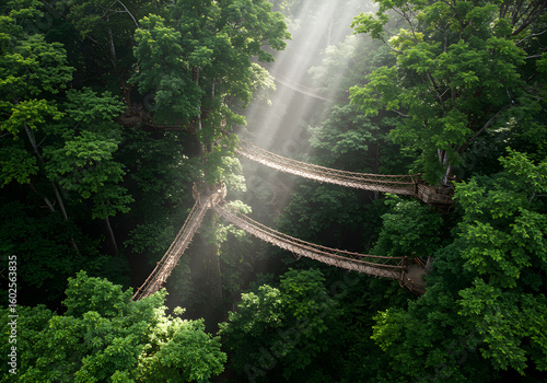 Wooden bridges through lush forest