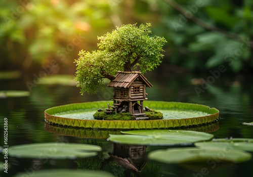 Wooden cabin on water lily pad