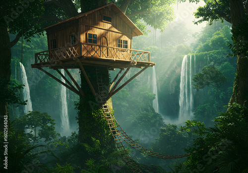 Wooden treehouse in lush rainforest