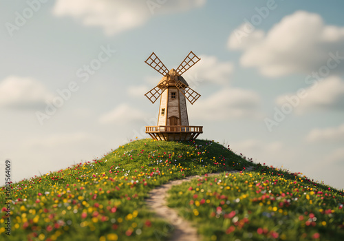 Wooden windmill on a flowery hill