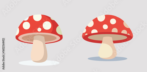 Two Cartoon Red and White Spotted Mushrooms vector design on a Light Background
