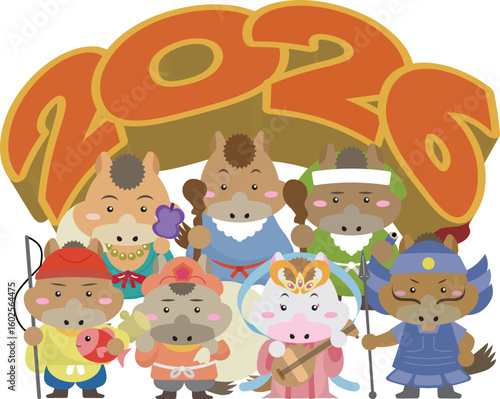 2026年 干支の馬が七福神に変身！縁起のいいお正月イラスト
