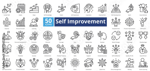 Self Improvement icon set contains 50 icons including, motivation, leadership, brain, graduation, determine, improve, personal growth, learning, simple vector outline style.