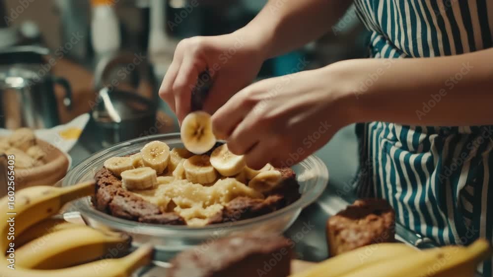 A professional chef in a kitchen, preparing dessert with bananas and other ingredients. A professional chef in a kitchen, preparing dessert with bananas and other ingredients.