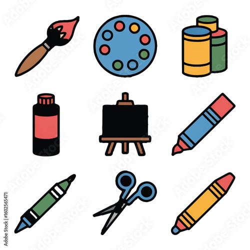 A vibrant set of art supplies icons featuring brushes, paint, and drawing tools, symbolizing artistic creation and expression