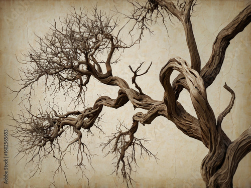 Gnarled Twisted Tree Branches Against Textured Background dead