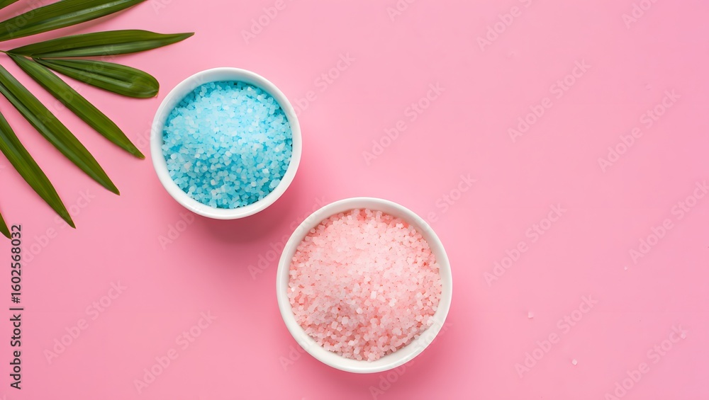 Overhead shot of pink and blue bath salts in bowls with palm leaf on a pink background Overhead shot of pink and blue bath salts in bowls with palm leaf on a pink background