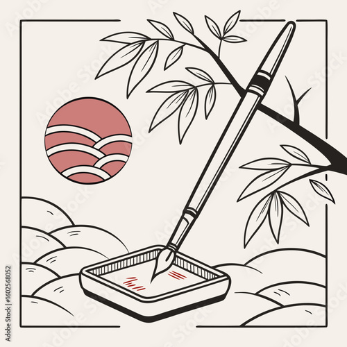 Japanese calligraphy tools illustration, vector design reflecting cultural essence and artistry
