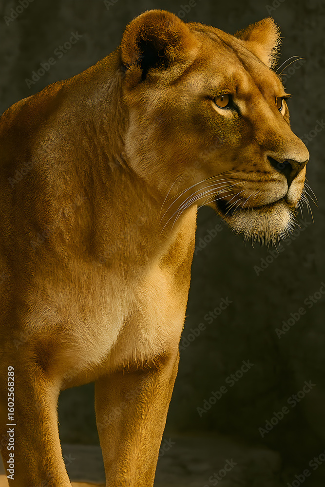 Obraz premium A captivating profile of a lioness, showcasing her elegant features and intense gaze. The warm, golden lighting highlights the details of her fur and musculature, set against a dark backdrop