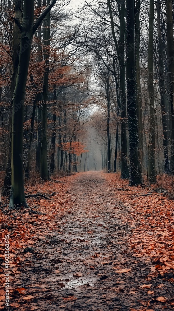 Obraz premium A tranquil forest path adorned with fallen orange leaves, leading through bare trees