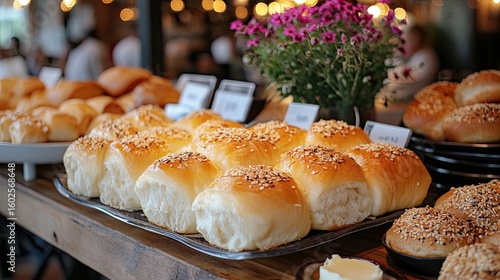 Fluffy dinner rolls with butter served in an elegant buffet arrangement. 