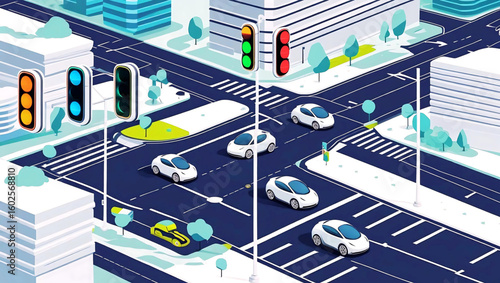 Urban Traffic Flow: A meticulously crafted illustration showcases the orderly movement of autonomous vehicles through a city intersection. The scene is alive with the flow of modern transportation.