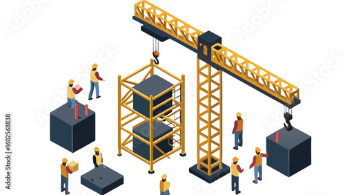 Isometric construction site featuring workers crane scaffolding and concrete blocks in progress view