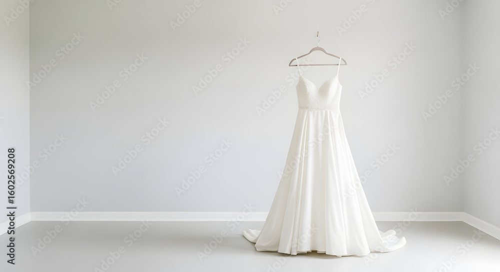 A pristine white wedding dress hangs on a hanger against a plain, light grey wall in an empty room, awaiting the bride. A pristine white wedding dress hangs on a hanger against a plain, light grey wall in an empty room, awaiting the bride.