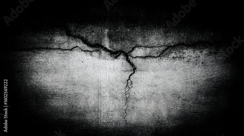 Abstract dark concrete surface with raw texture variations, highlighting weathered cracks and aggregates under moody lighting.