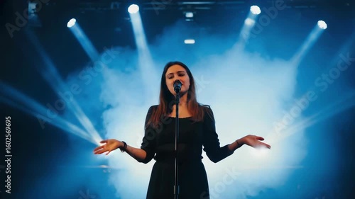 Silhouette of female singer standing under spotlight holding microphone on stage