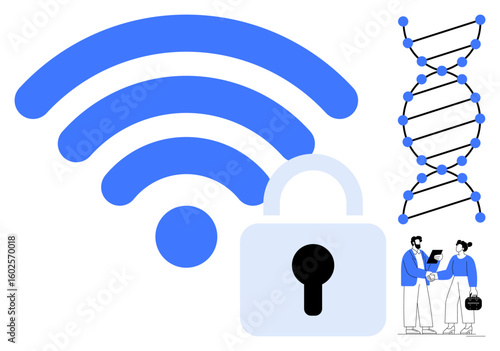 Blue wireless icon with padlock for encryption, DNA helix for genetics, and professionals collaborating. Ideal for security, technology, science, innovation, collaboration, data simple flat metaphor