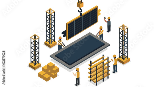 Isometric view of construction workers installing a large panel with crane and scaffolding towers