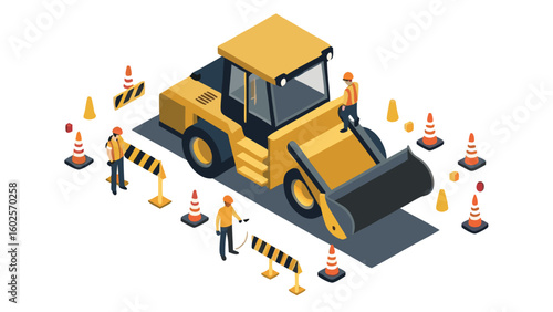 Isometric illustration of a yellow construction loader with workers and safety cones around it