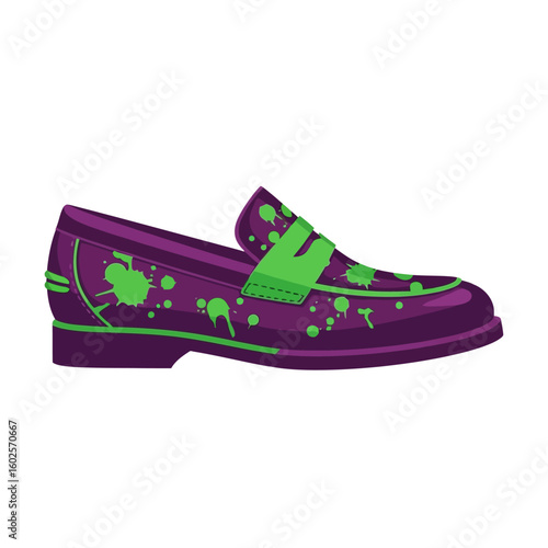 Stylish Men's Loafer with Green Splatter Against a Plain Background