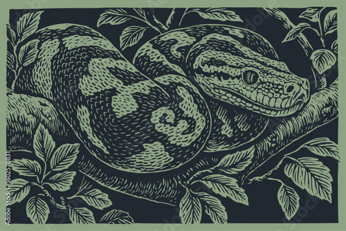 A large python or boa constrictor coiled on a tree branch in the jungle. A detailed vector illustration in a classic vintage woodcut or linocut style.