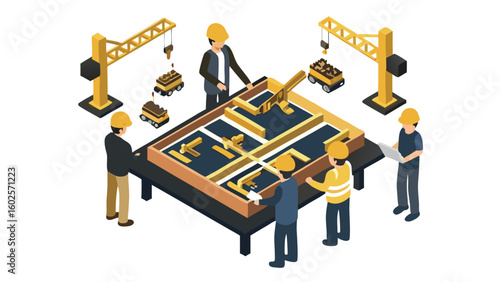 Isometric view of construction workers planning a building project with cranes and materials nearby