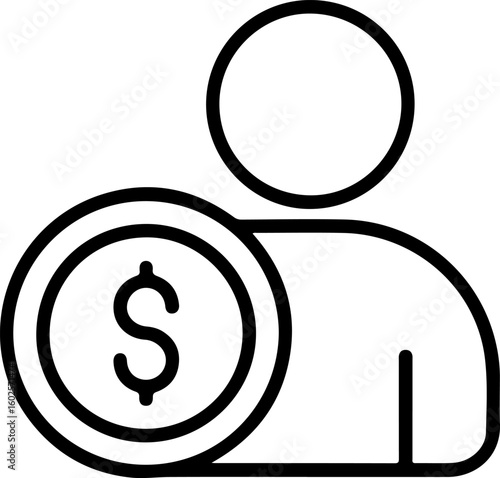 Simple outline icon representing a person with a dollar coin symbolizing financial success or income