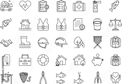 Multifunctional icon set, fishing and safety graphics, finance and healthcare symbols, emergency equipment illustrations for web, apps, branding, packaging, editorial, and tutorial content