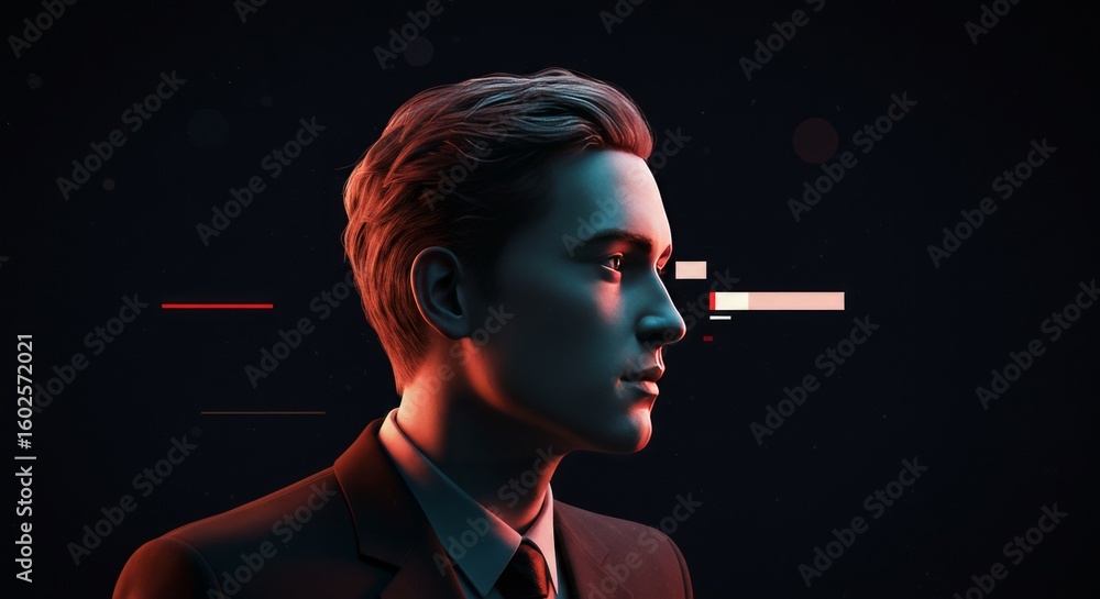 Obraz premium Pensive Young Man in Dark Suit Profile Futuristic Background