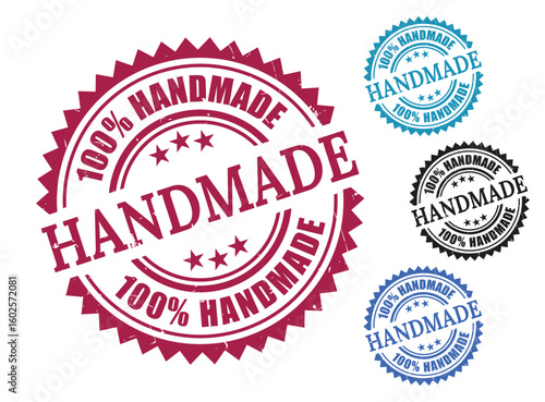 100% Handmade Product Stamp Set, Grunge Style Authentic Craft Label Vectors  
